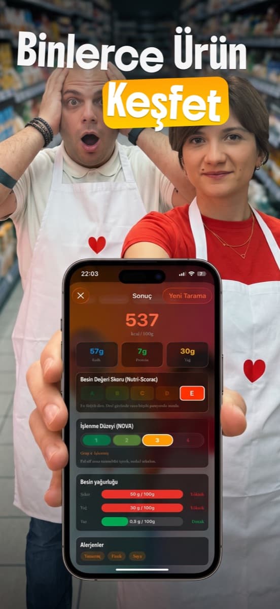 Barkod tarama sonucu: kalori, Nutri-Score besin değeri skoru ve NOVA işlenmişlik düzeyi